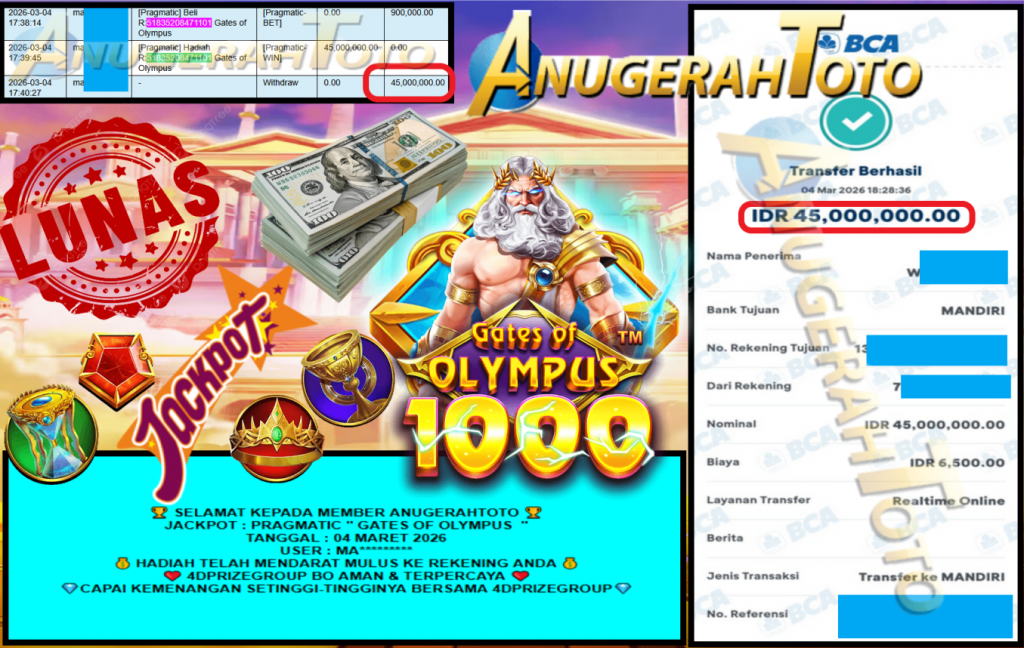 ANUGERAHTOTO JACKPOT PRAGMATIC ” GATES OF OLYMPUS ” Rp 45.000.000 ,- LUNAS