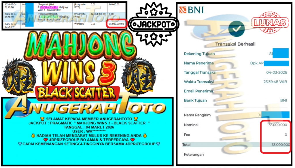 ANUGERAHTOTO JACKPOT PRAGMATIC ” MAHJONG WINS 3 – BLACK SCATTER ” Rp 35.000.000 ,- LUNAS