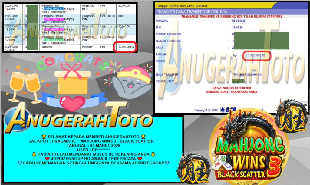 ANUGERAHTOTO JACKPOT PRAGMATIC “MAHJONG WINS 3 – BLACK SCATTER”‎‏‏‎‎ Rp10.000.000,- LUNAS