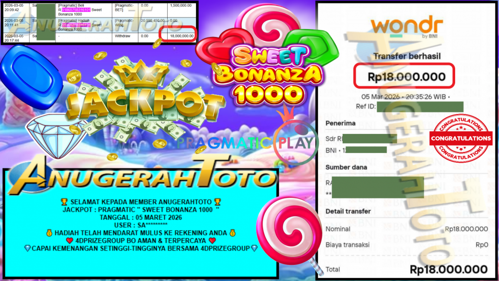 ANUGERAHTOTO JACKPOT PRAGMATIC “SWEET BONANZA 1000”‎‏‏‎‎ Rp18.000.000,- LUNAS