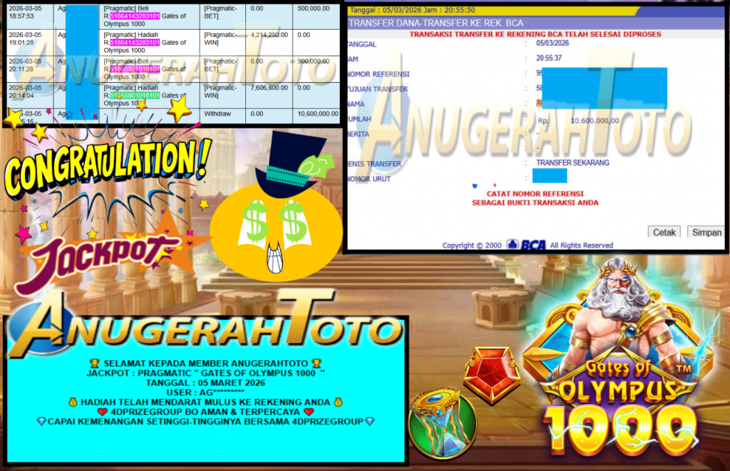 ANUGERAHTOTO JACKPOT PRAGMATIC “GATES OF OLYMPUS 1000”‎‏‏‎‎ Rp10.600.000,- LUNAS