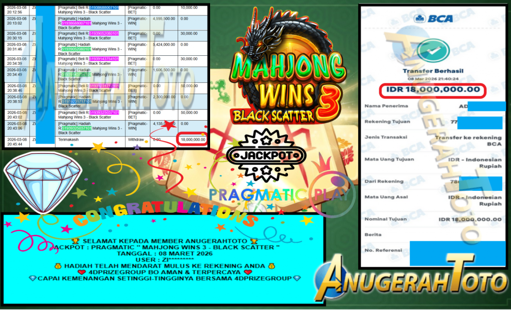 ANUGERAHTOTO JACKPOT PRAGMATIC “MAHJONG WINS 3 – BLACK SCATTER”‎‏‏‎‎ Rp18.000.000,- LUNAS