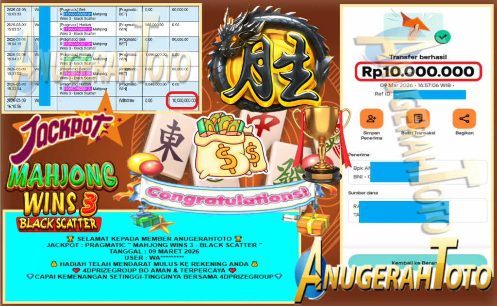 ANUGERAHTOTO JACKPOT PRAGMATIC ” MAHJONG WINS 3 – BLACK SCATTER ” Rp 10.000.000 ,- LUNAS
