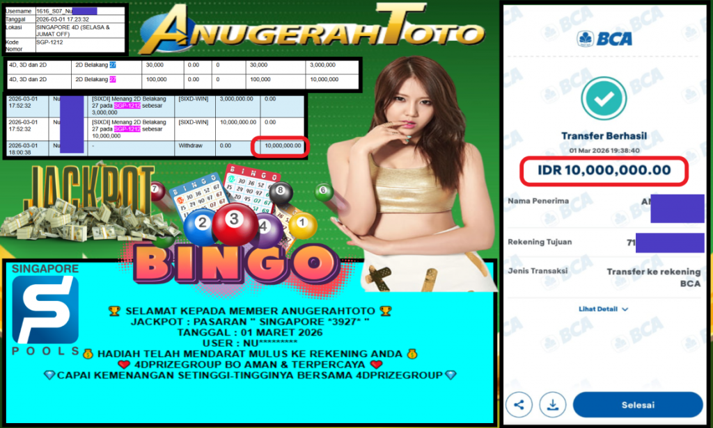ANUGERAHTOTO JACKPOT PASARAN ” SINGAPORE 3927 ” , Rp 10.000.000,- LUNAS