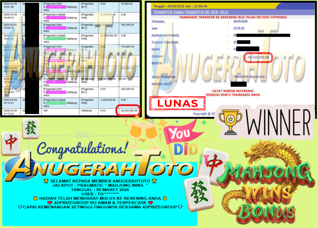 ANUGERAHTOTO JACKPOT PRAGMATIC ” MAHJONG WINS ” Rp 40.000.000,- LUNAS