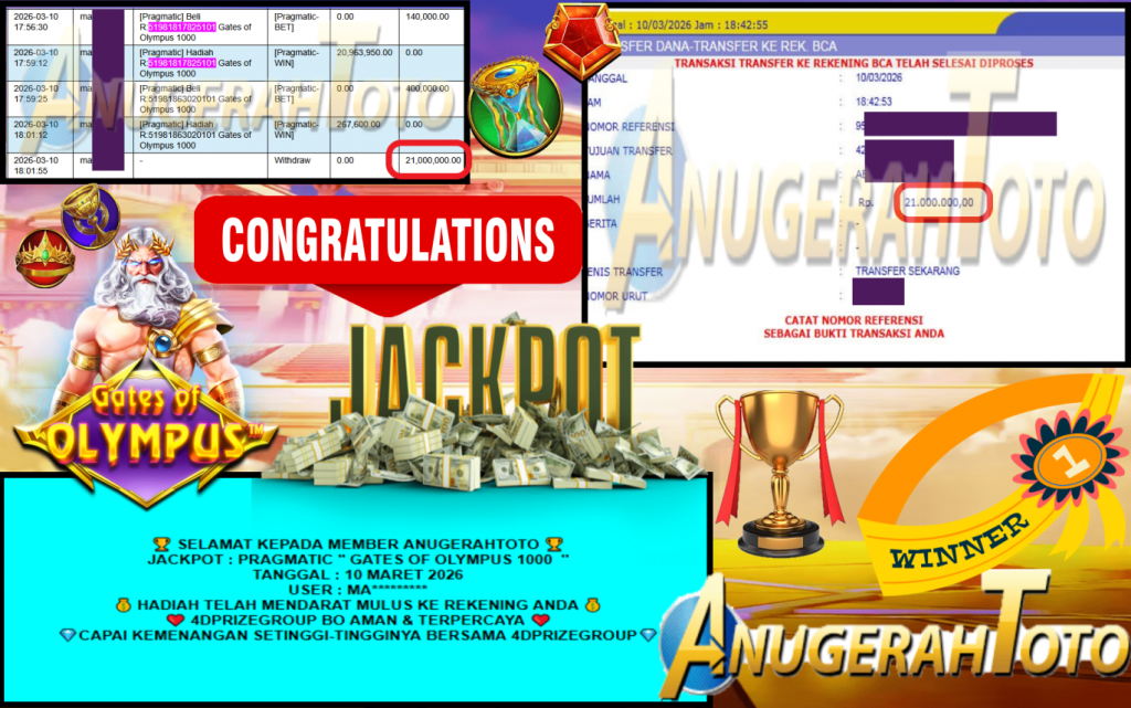 ANUGERAHTOTO JACKPOT PRAGMATIC “GATES OF OLYMPUS 1000” Rp21.000.000,- LUNAS