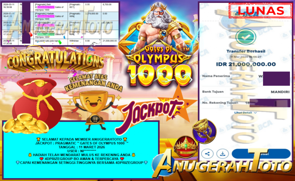 ANUGERAHTOTO JACKPOT PRAGMATIC ”GATES OF OLYMPUS 1000” Rp21.000.000,- LUNAS