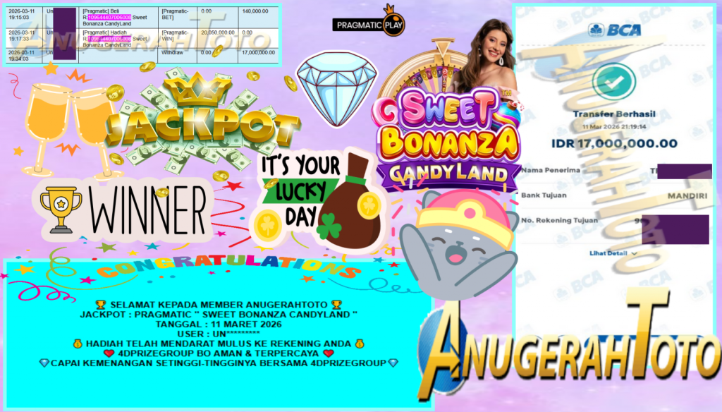 ANUGERAHTOTO JACKPOT PRAGMATIC ”SWEET BONANZA CANDYLAND” Rp17.000.000,- LUNAS