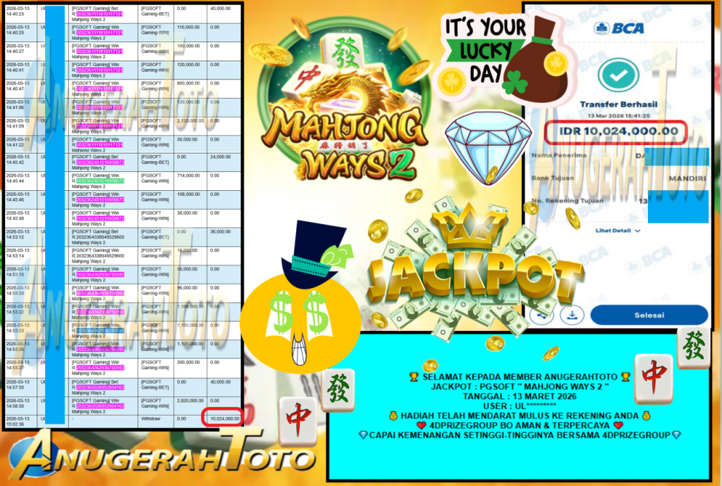ANUGERAHTOTO JACKPOT PGSOFT “MAHJONG WAYS 2″‎‏‏‎‎ Rp10.024.000,- LUNAS