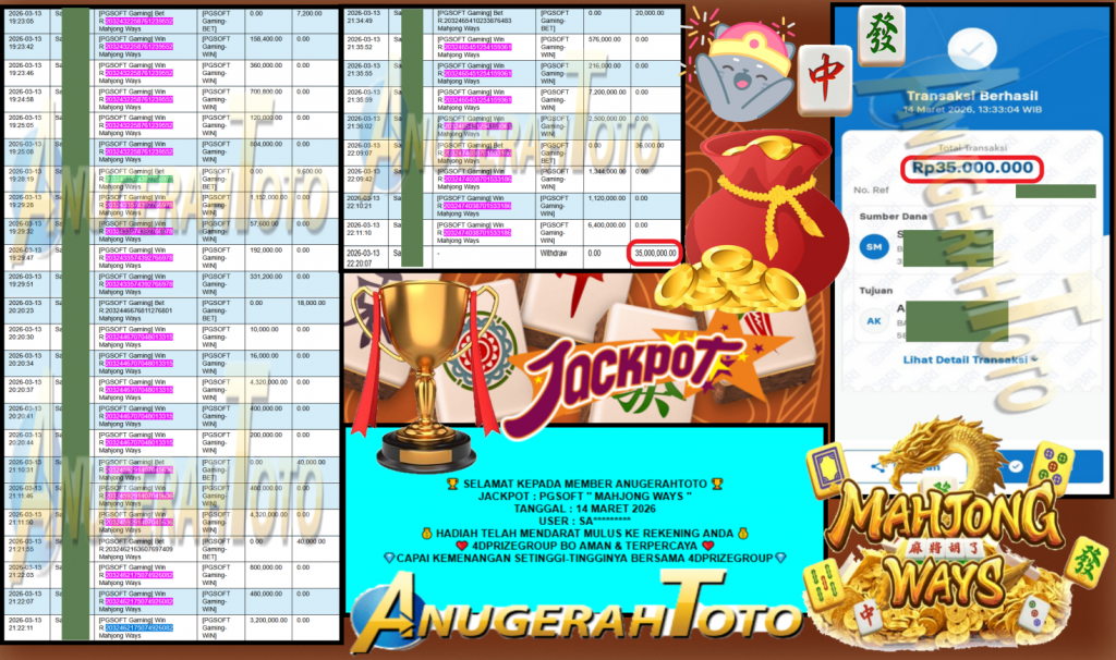 ANUGERAHTOTO JACKPOT PGSOFT ”MAHJONG WAYS” Rp35,000.000,- LUNAS