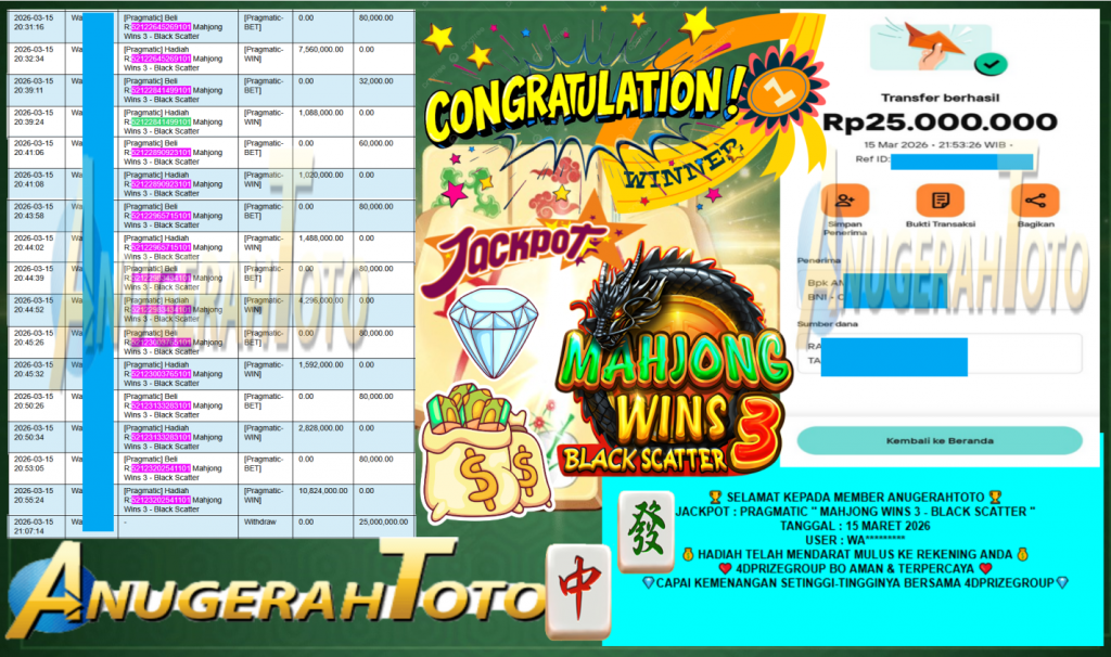 ANUGERAHTOTO JACKPOT PRAGMATIC “MAHJONG WINS 3 – BLACK SCATTER” Rp25.000.000,- LUNAS
