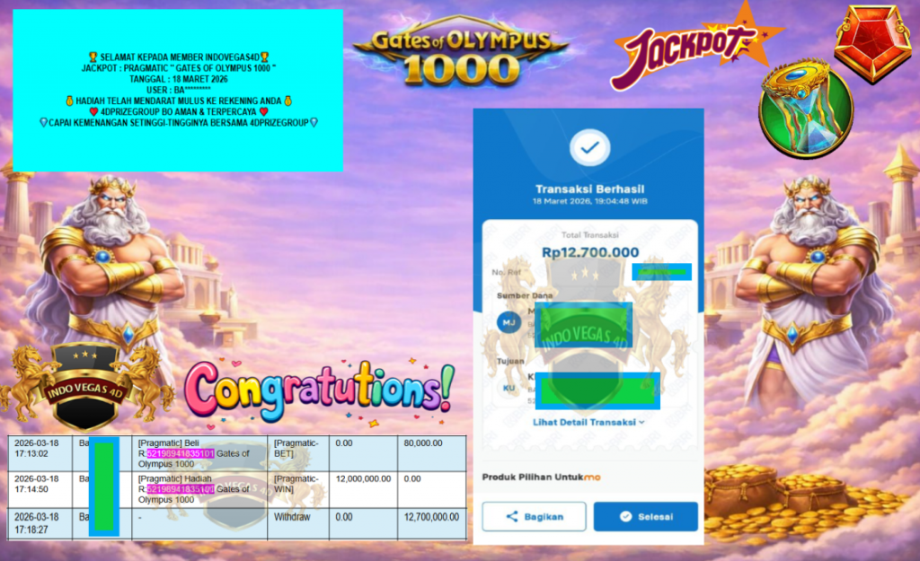 INDOVEGAS4D JACKPOT PRAGMATIC “GATES OF OLYMPUS 1000″ Rp12.700.000,- LUNAS