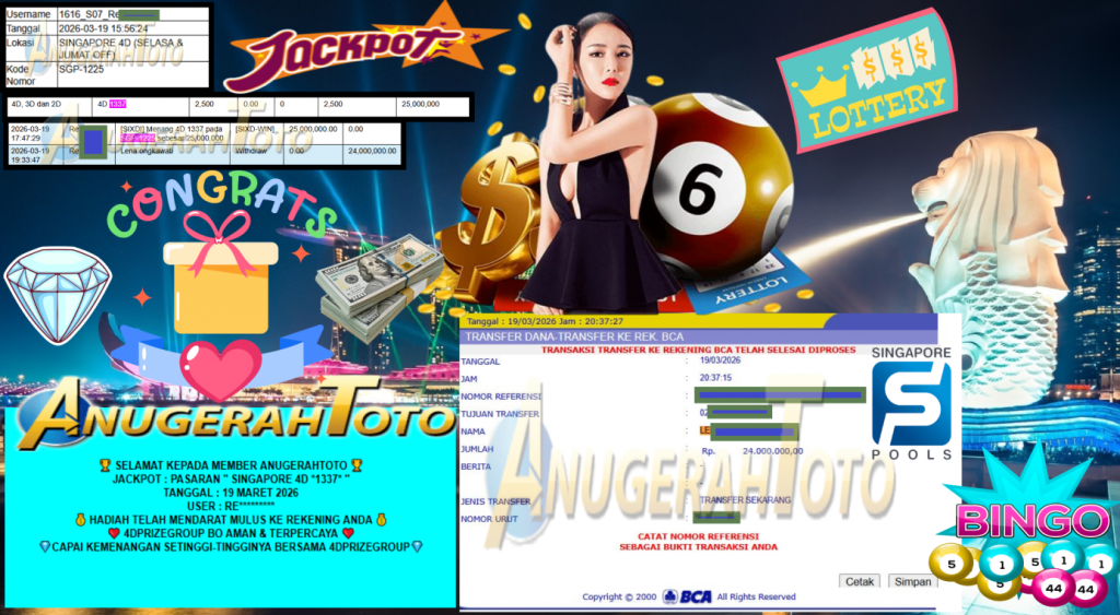 ANUGERAHTOTO JACKPOT PASARAN SINGAPORE (SELASA & JUMAT OFF) ” 1337 ” Rp 24.000.000,- LUNAS