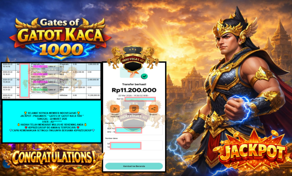INDOVEGAS4D JACKPOT PRAGMATIC “GATES OF GATOT KACA 1000” Rp11.200.000,- LUNAS