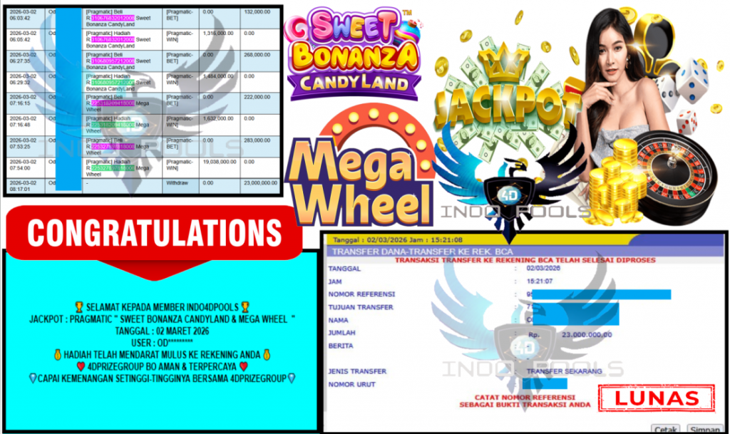 INDO4DPOOLS JACKPOT PRAGMATIC “ SWEET BONANZA CANDYLAND & MEGA WHEEL ”‎‏‏‎‎ Rp23.000.000,- LUNAS