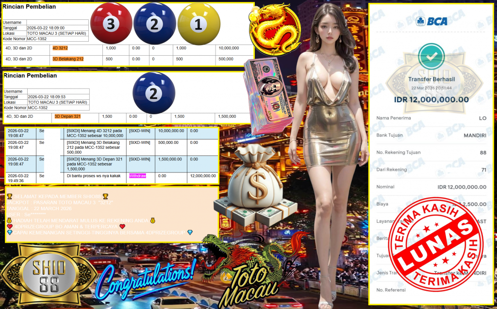 SHIO88 JACKPOT PASARAN TOTO MACAU 3 “3212” Rp12.000.000,- LUNAS