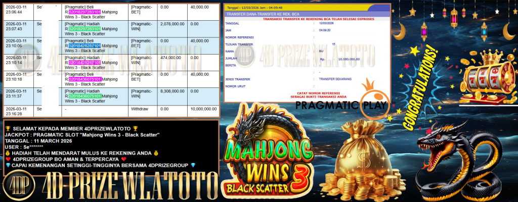 4DPRIZEWLATOTO JACKPOT PRAGMATIC SLOT ”Mahjong Wins 3 – Black Scatter” Rp10,000.000,- LUNAS