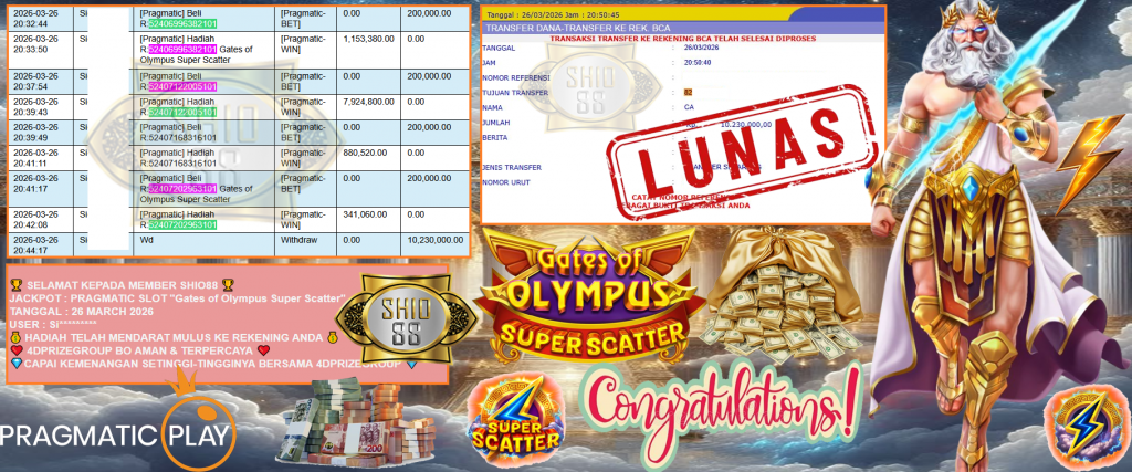SHIO88 JACKPOT PRAGMATIC SLOT “Gates of Olympus Super Scatter” Rp10.230.000,- LUNAS