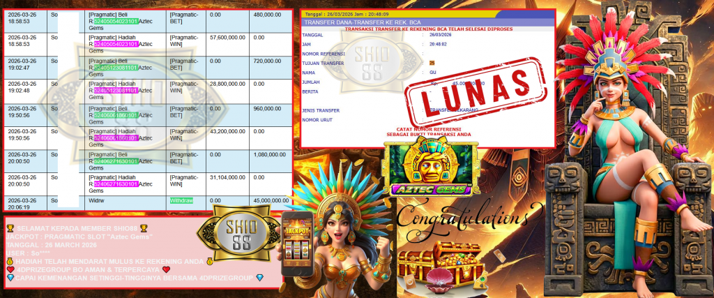 SHIO88 JACKPOT PRAGMATIC SLOT “Aztec Gems” Rp45.000.000,- LUNAS