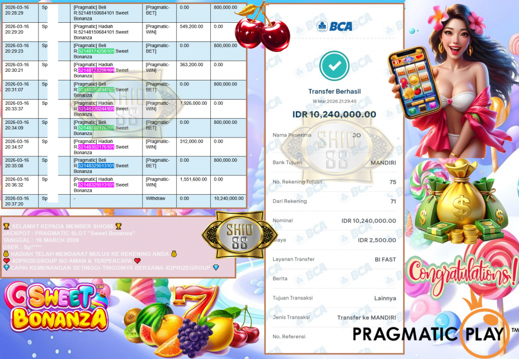 SHIO88 JACKPOT PRAGMATIC SLOT “Sweet Bonanza” Rp10,240.000,- LUNAS