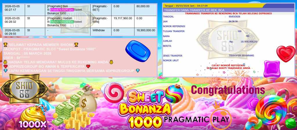 SHIO88 JACKPOT PRAGMATIC SLOT ”Sweet Bonanza 1000” Rp18,900.000,- LUNAS