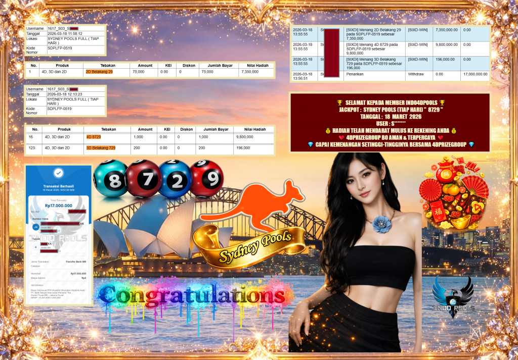 INDO4DPOOLS JACKPOT PASARAN SYDNEY POOLS (TIAP HARI) ” 8729 ” Rp 17.000.000,- LUNAS