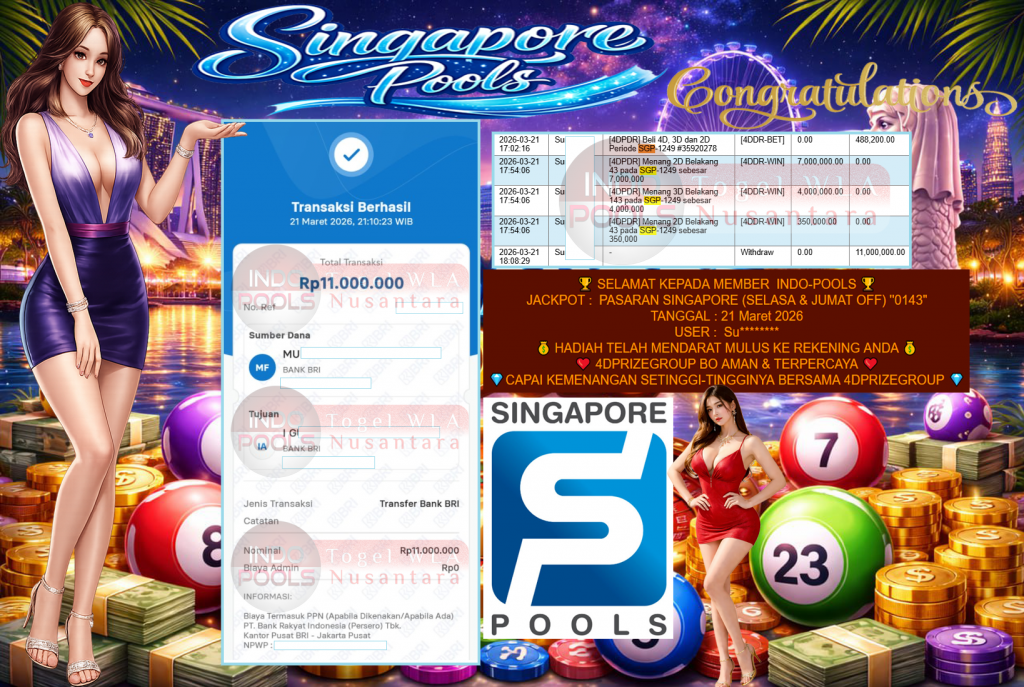 INDO-POOLS JACKPOT PASARAN ” SINGAPORE (SELASA & JUMAT OFF) ”0143″ ” Rp 11,000,000,- LUNAS