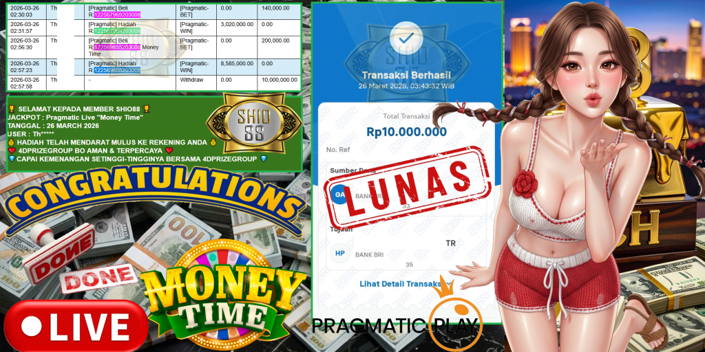 SHIO88 JACKPOT PRAGMATIC LIVE GAME “Money Time'” ‎‏‏‎Rp 10.000.000,- LUNAS