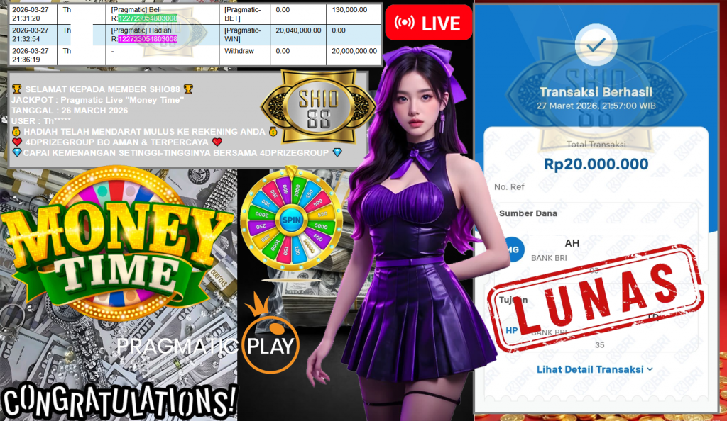 SHIO88 JACKPOT PRAGMATIC LIVE GAME “Money Time'” ‎‏‏‎Rp20.000.000,- LUNAS