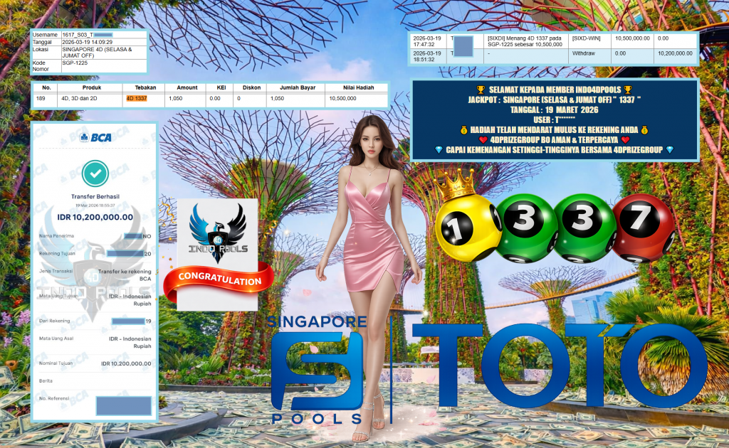 INDO4DPOOLS JACKPOT PASARAN SINGAPORE (SELASA & JUMAT OFF) ” 1337 ” Rp 10.200.000,- LUNAS