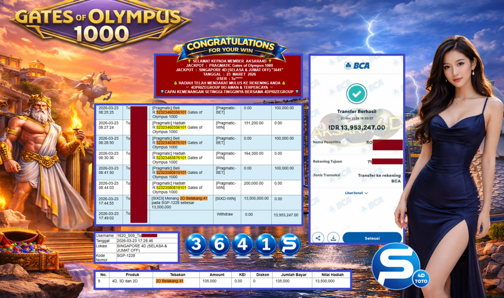AKSARA4D JACKPOT PRAGMATIC “Gates of Olympus 1000″‎‏‏‎‎ & SINGAPORE 4D (SELASA & JUMAT OFF) “3641” Rp13.953.247,- LUNAS