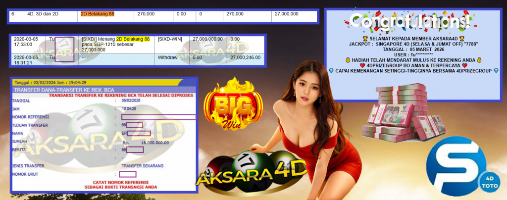 AKSARA4D JACKPOT PASARAN SINGAPORE 4D (SELASA & JUMAT OFF) “7788”‎‏‏‎ Rp27.000.246,- LUNAS