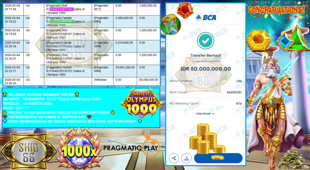 SHIO88 JACKPOT PRAGMATIC SLOT ”Gates of Olympus 1000” Rp50,000.000,- LUNAS
