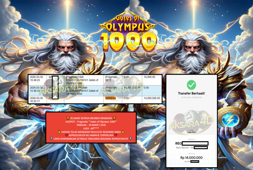 AKSARA4D JACKPOT PRAGMATIC “Gates of Olympus 1000″‎‏‏‎‎ Rp14.000.000,- LUNAS
