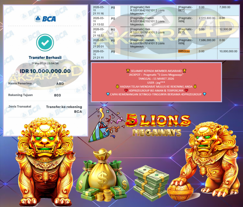 AKSARA4D JACKPOT PRAGMATIC “5 Lions Megaways”‎‏‏‎‎ Rp10.000.000,- LUNAS