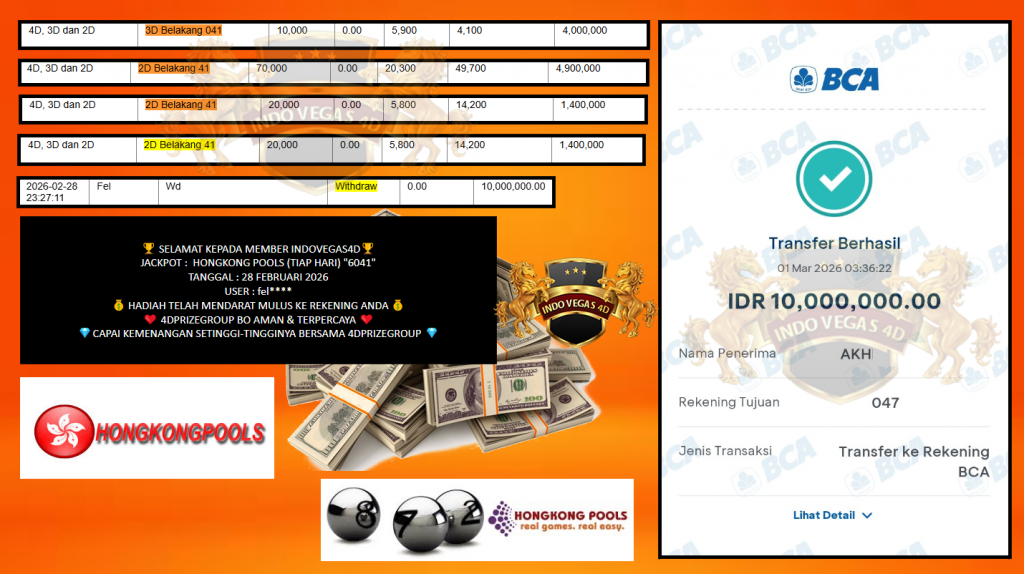 INDOVEGAS4D JACKPOT PASARAN HONGKONG POOLS (TIAP HARI) “6041” Rp10.000.000,- LUNAS