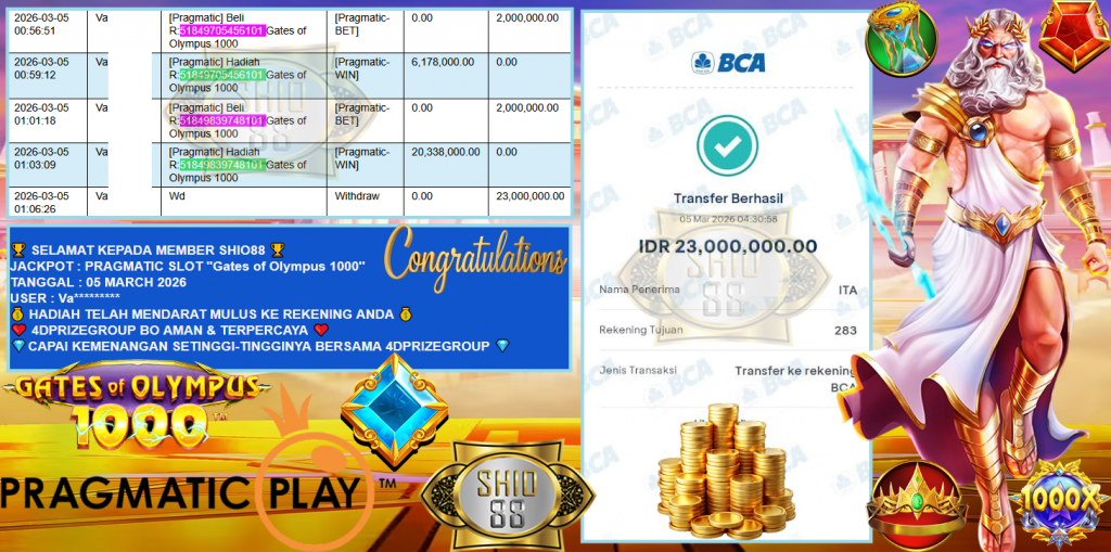 SHIO88 JACKPOT PRAGMATIC SLOT ”Gates of Olympus 1000” Rp23,000.000,- LUNAS