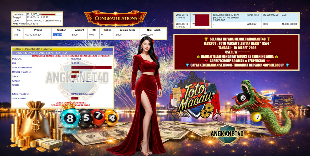 ANGKANET4D JACKPOT PASARAN TOTO MACAU 1 (SETIAP HARI) ” 8574 ” Rp 18.000.000,- LUNAS
