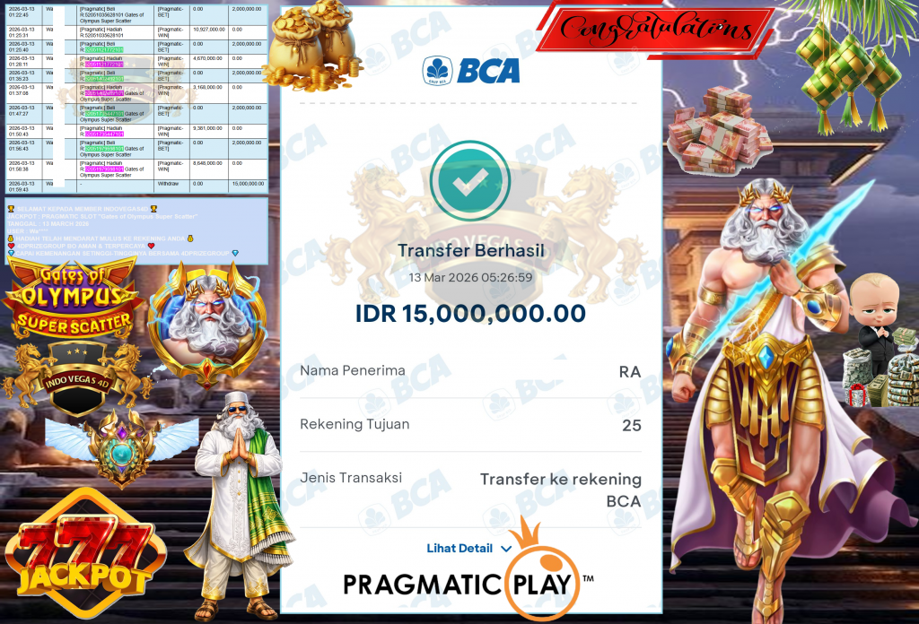 INDOVEGAS4D JACKPOT PRAGMATIC SLOT ”Gates of Olympus Super Scatter” Rp15,000.000,- LUNAS