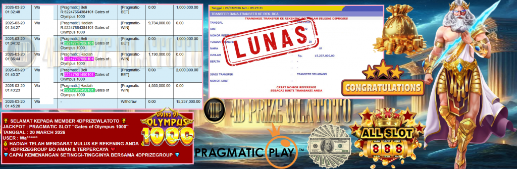 4DPRIZEWLATOTO JACKPOT PRAGMATIC SLOT “Gates of Olympus 1000” Rp15.237.000,- LUNAS