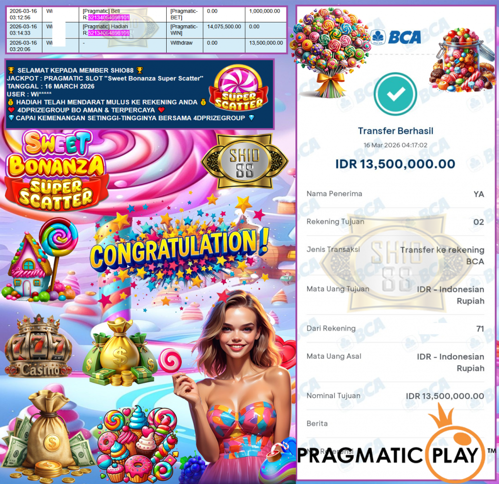 SHIO88 JACKPOT PRAGMATIC SLOT “Sweet Bonanza Super Scatter” Rp13,500.000,- LUNAS