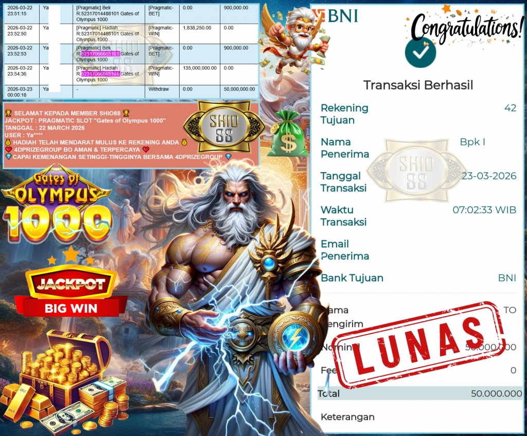 SHIO88 JACKPOT PRAGMATIC SLOT “Gates of Olympus 1000” Rp50.000.000,- LUNAS
