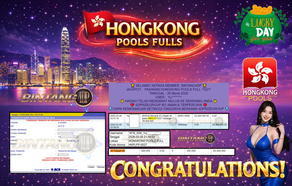 BINTANG4DP JACKPOT PASARAN ” HONGKONG POOLS FULL ”4521″ ” Rp 29,000,000,- LUNAS