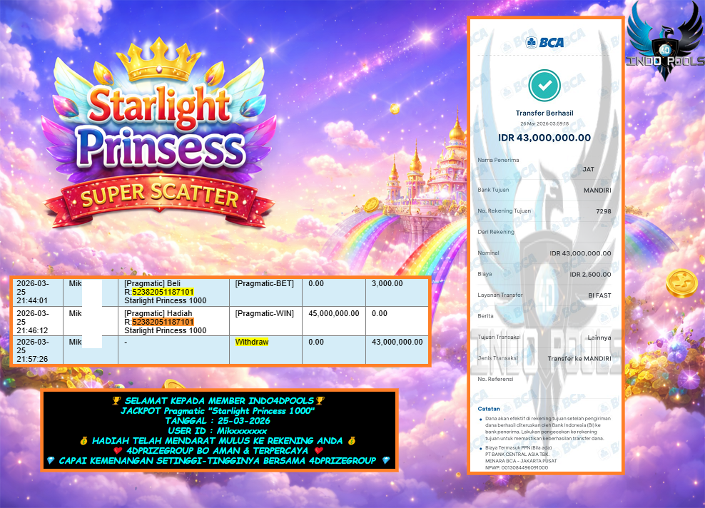 INDO4DPOOLS JACKPOT PRAGMATIC “Starlight Princess 1000” Rp43,000,000,- LUNAS