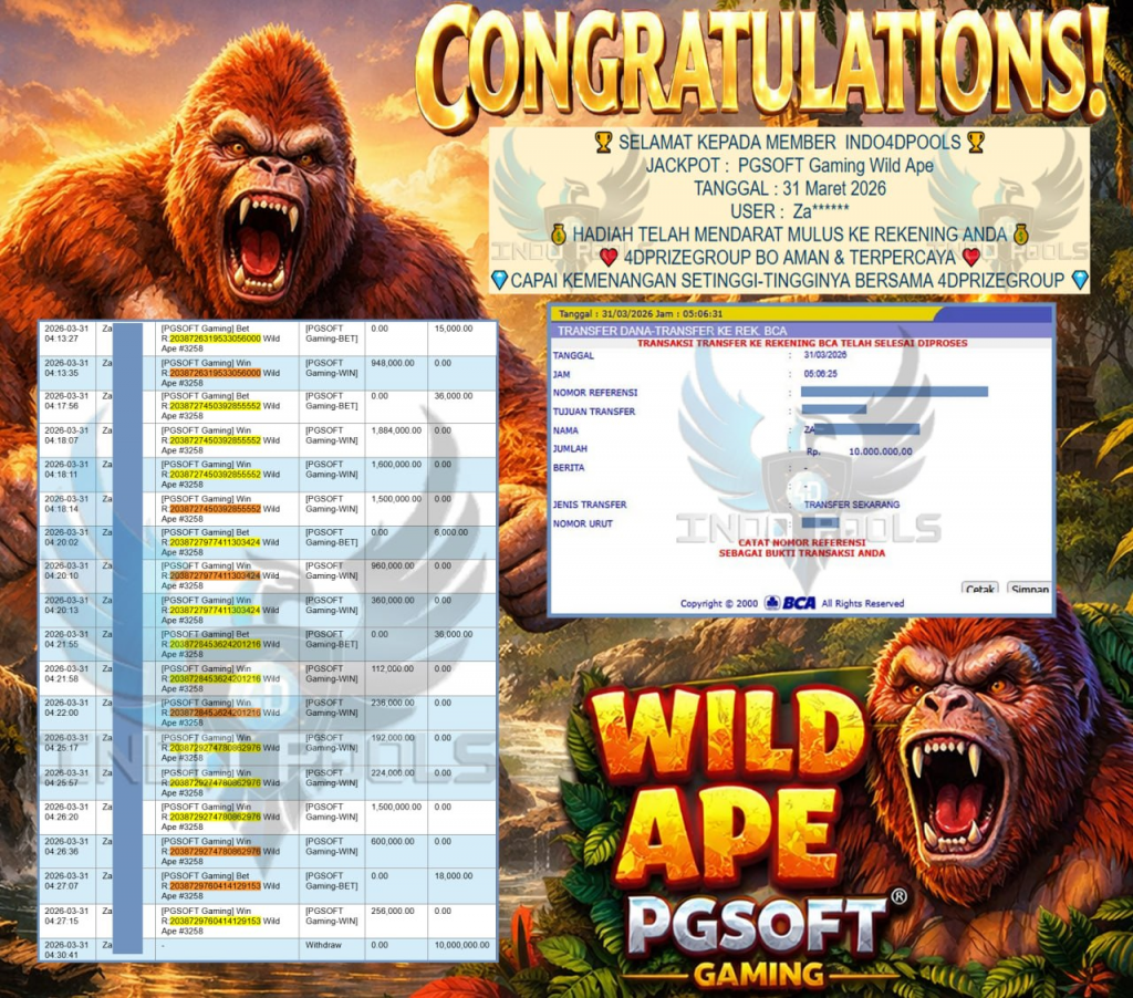 INDO4DPOOLS JACKPOT PGSOFT Gaming ”Wild Ape” Rp.10,000,000,- LUNAS