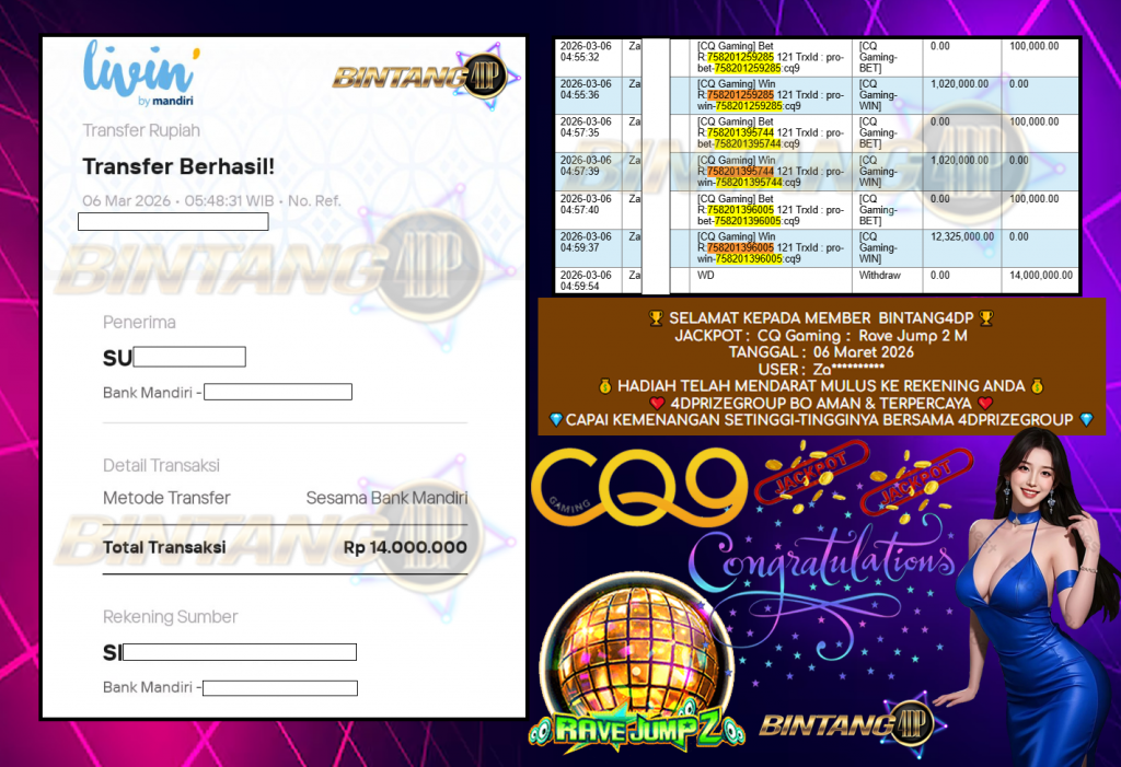 BINTANG4DP JACKPOT CQ Gaming ” Rave Jump 2 M ” Rp 14.000.000,- LUNAS