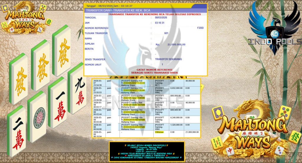 INDO4DPOOLS JACKPOT PRAGMATIC “Mahjong Ways” Rp21.000.000,- LUNAS