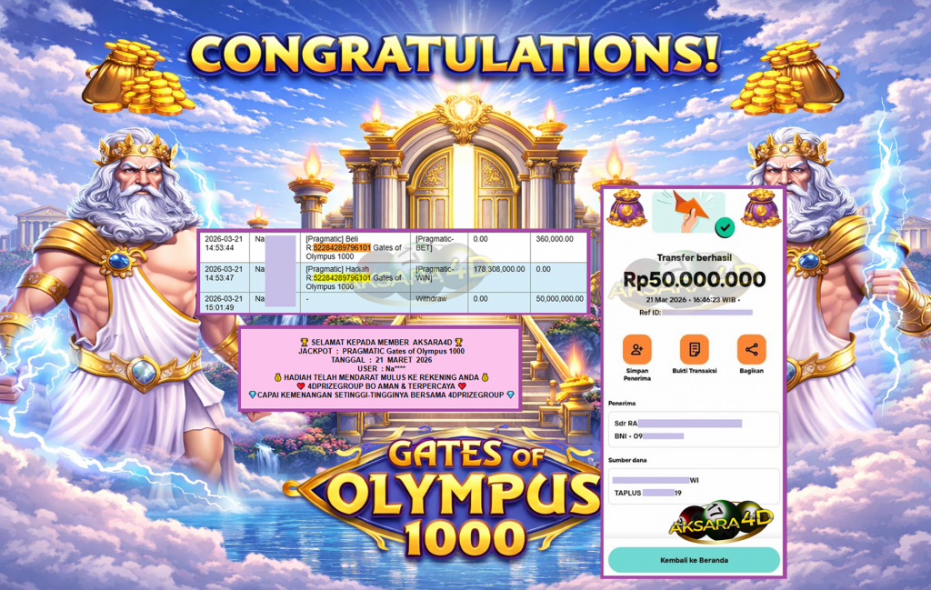 AKSARA4D JACKPOT PRAGMATIC “Gates of Olympus 1000″ Rp50.000.000,- LUNAS
