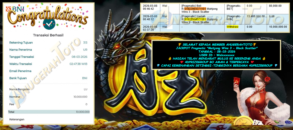 ANUGERAHTOTO JACKPOT PRAGMATIC “Mahjong Wins 3 – Black Scatter” Rp10.000.000,- LUNAS