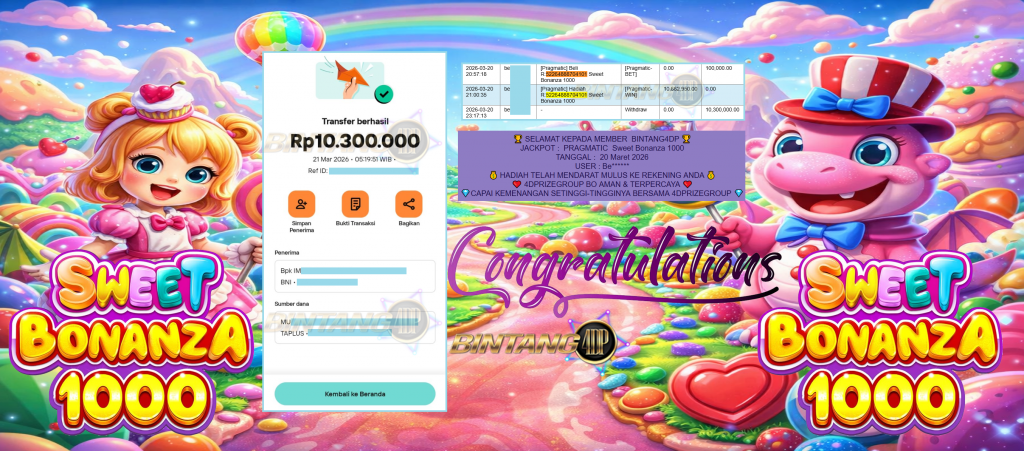 BINTANG4DP JACKPOT PRAGMATIC ” Sweet Bonanza 1000 ” Rp 10,300,000.,- LUNAS